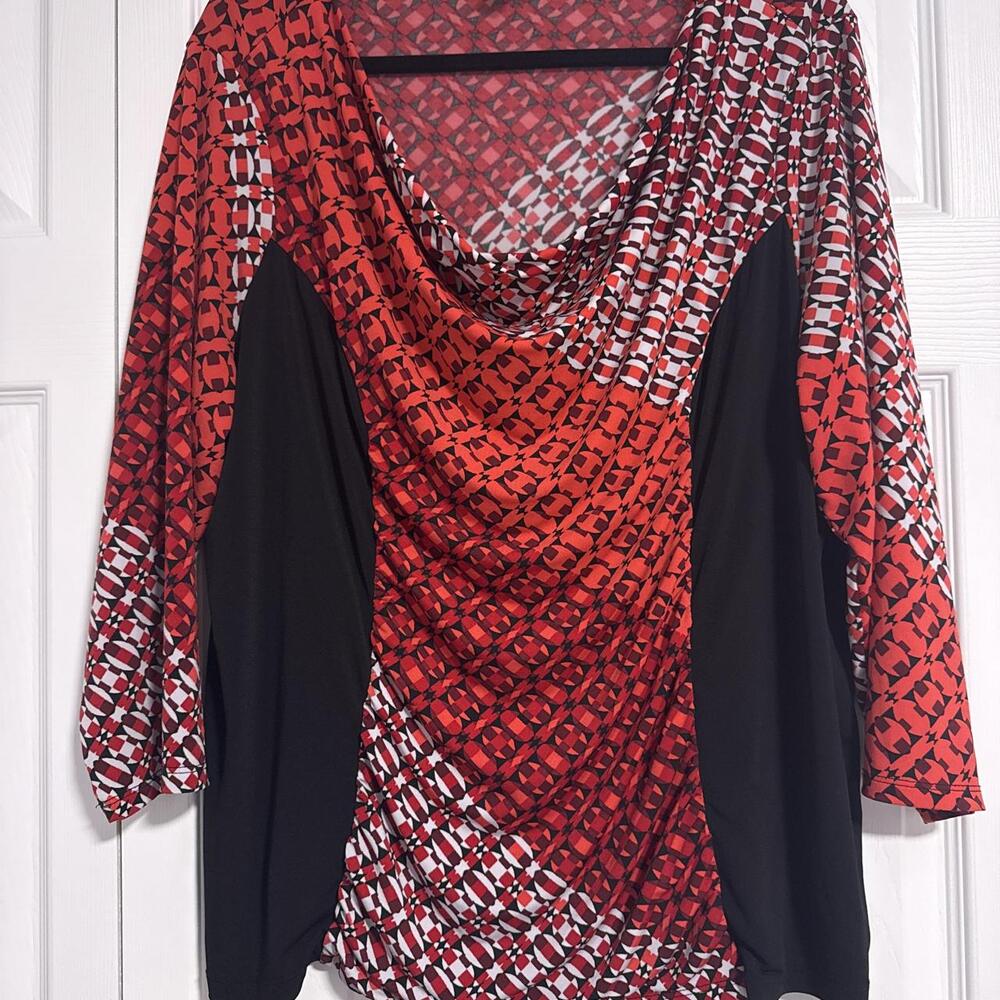 Dana Buchman red, black & white geometric print cowl neck blouse with 3/4 sleeve